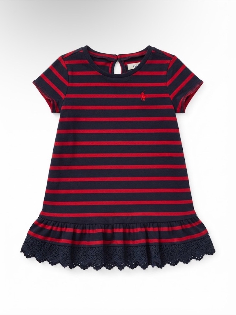 Ralph Lauren Girls Navy and Red Striped Knit Dress with Lace Ruffle